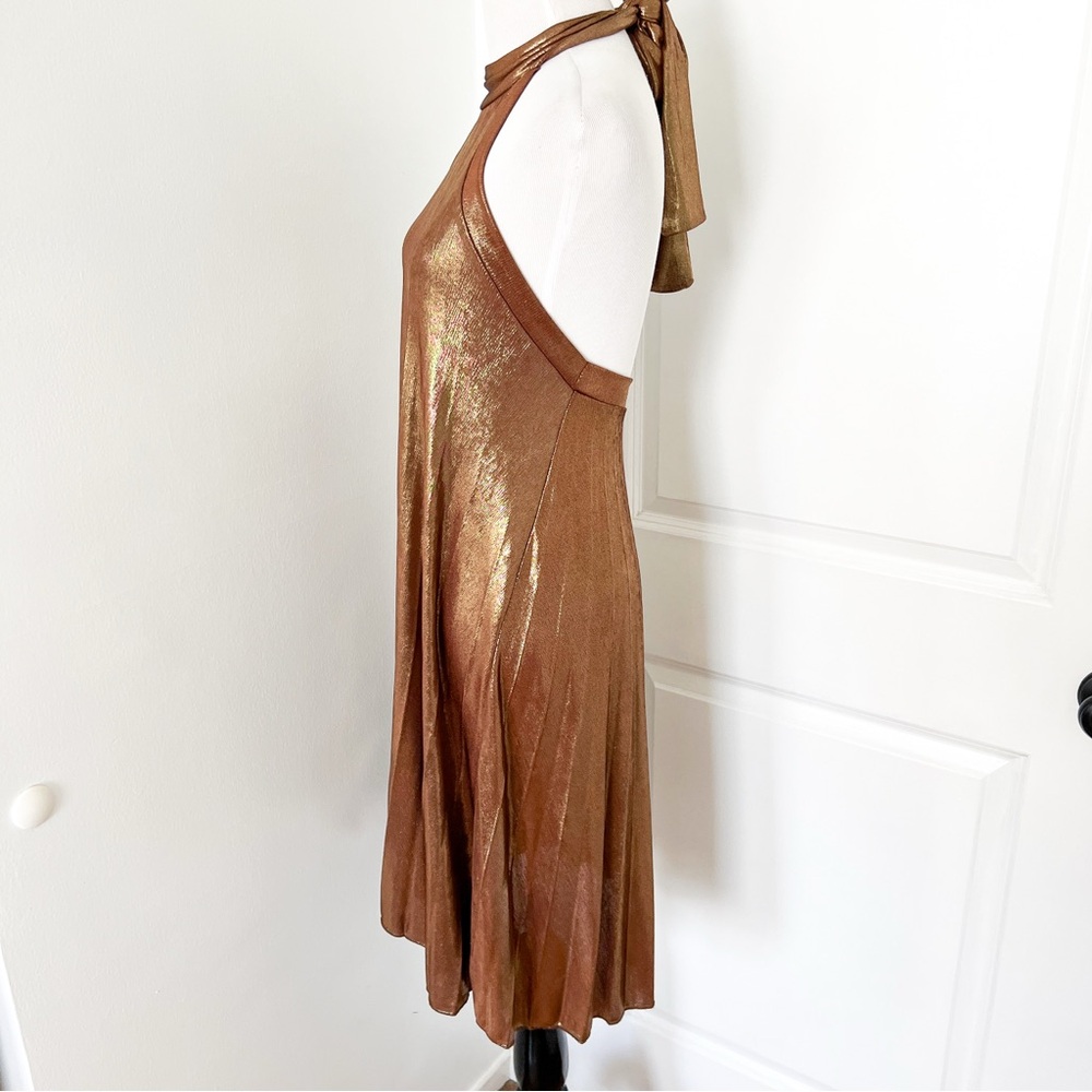 Vintage Semi Sheer Golden Brown Bronze Halter Halter Slinky Mini Dress - Small - Picture 3 of 5